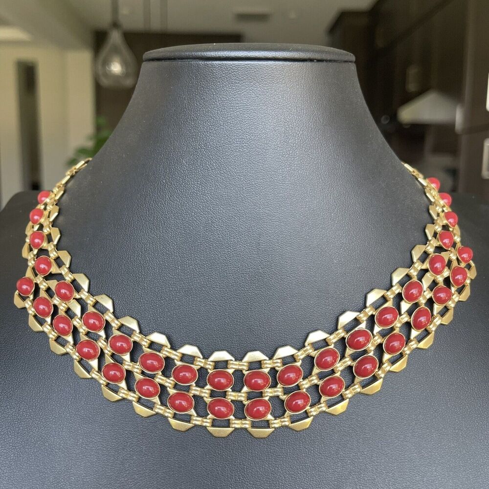 Talbots Panther Link Gold Tone Deep Red Cabochon Statement Necklace 18-20”